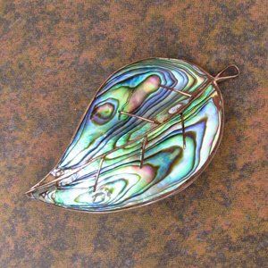 Vintage Abalone Shell Sterling Silver Leaf Shape Brooch Pin 2"